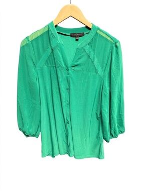 Title: Atelier 29 Emerald Green V-Neck Blouse XL - Sheer Shoulder 3/4 Sleeve